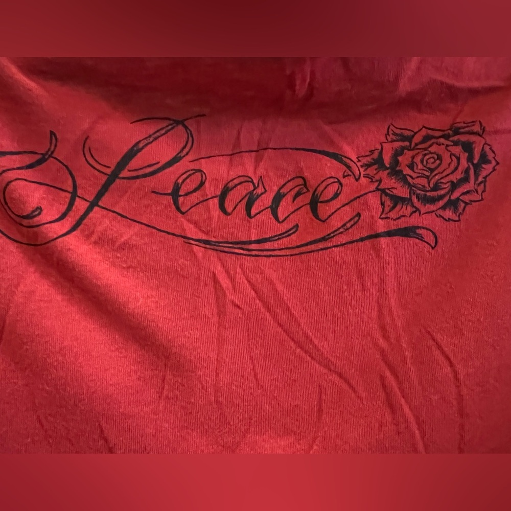 Y2K 100% Cotton Lucky Brand Red Long Sleeve Tee with PeaceSign & Roses Graphic - Picture 3 of 8